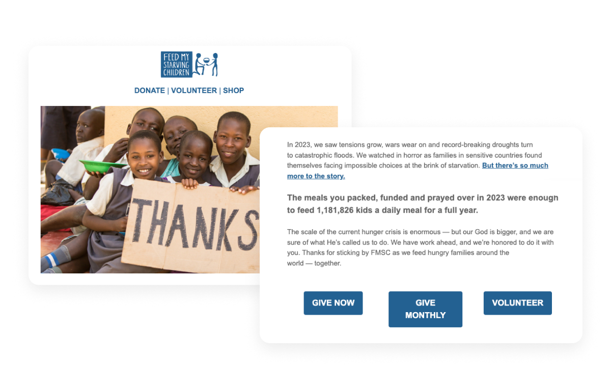 Feed my starving children year-end messaging example