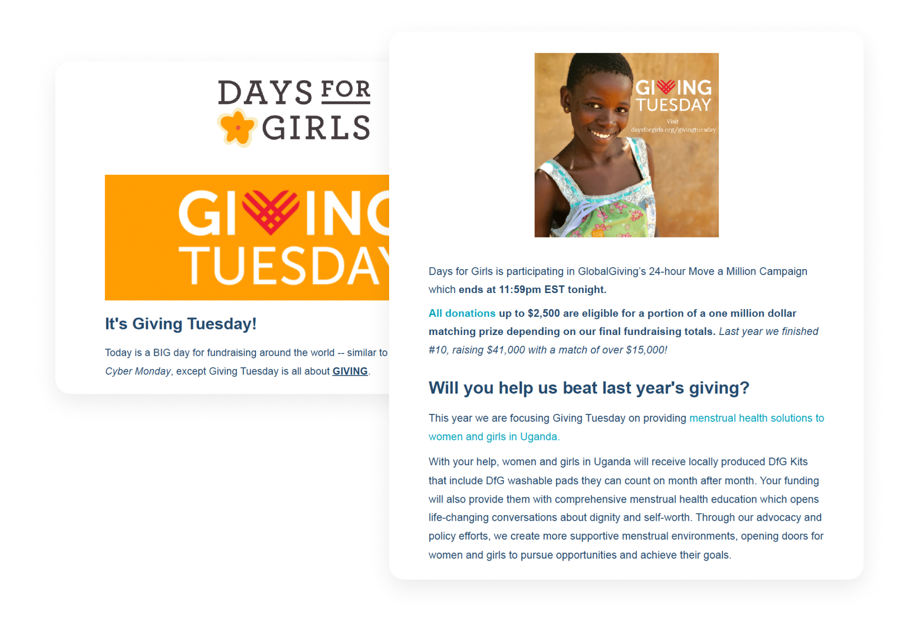 Days for Girls Giving Tuesday email example