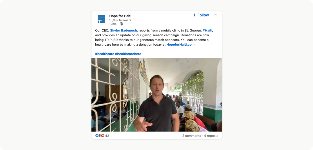 Hope for Haiti year-end fundraising LinkedIn post