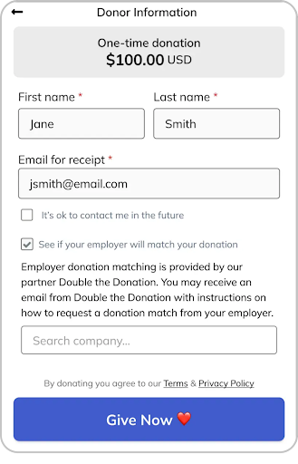 Classy embedded donation form with matching gift appeal