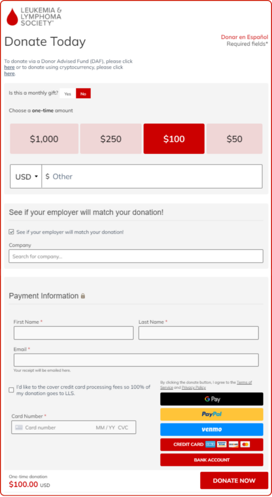 LLS donation form with employer match option